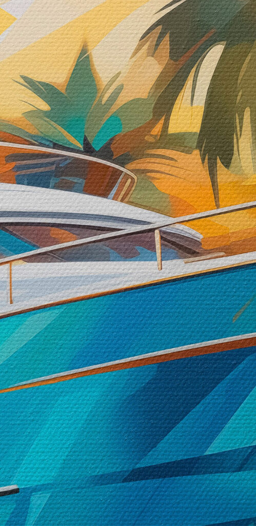 Blue boat in water with palm trees