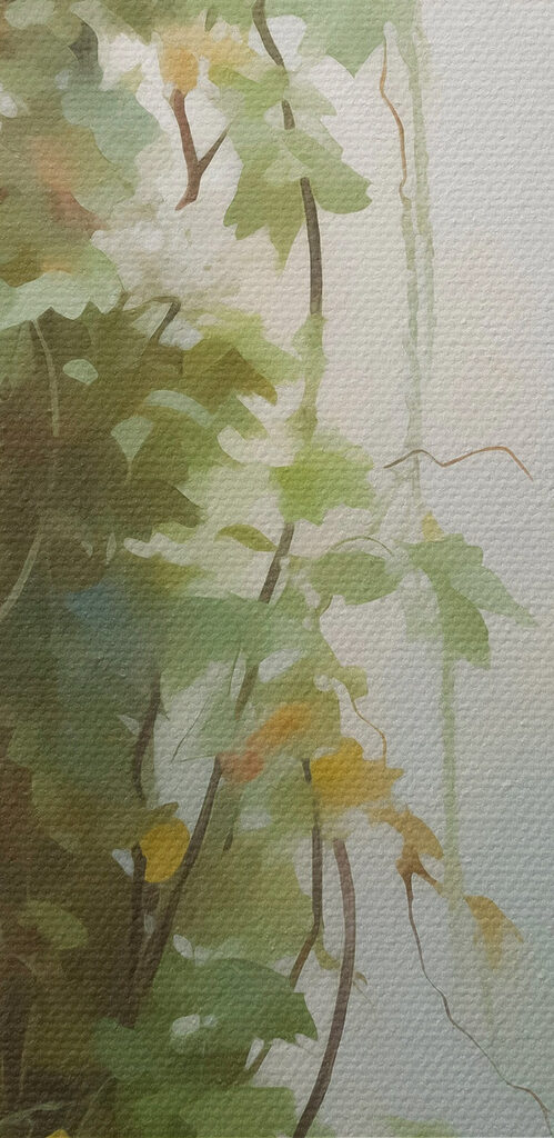 Painting of a column with ivy growing on it
