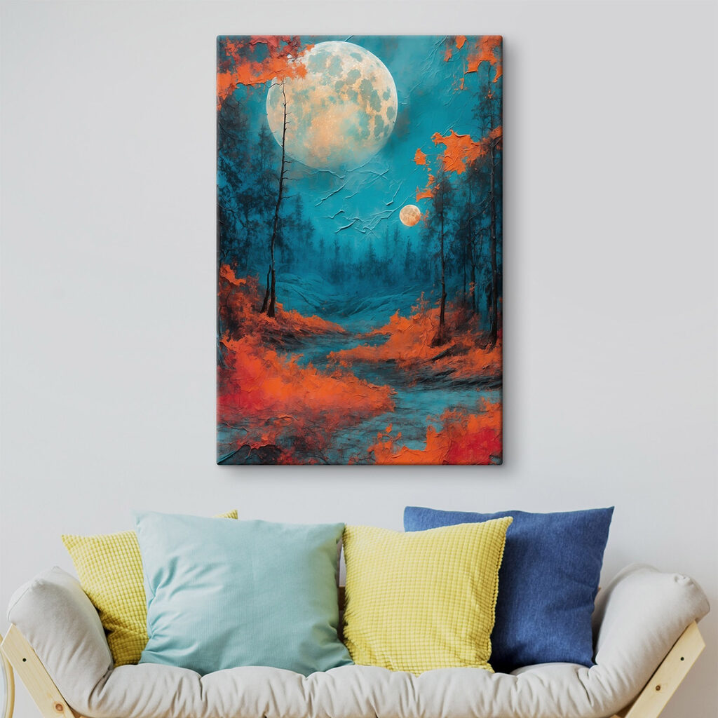 Painting of a forest with orange leaves and a full moon Painting of a forest with orange leaves and a full moon