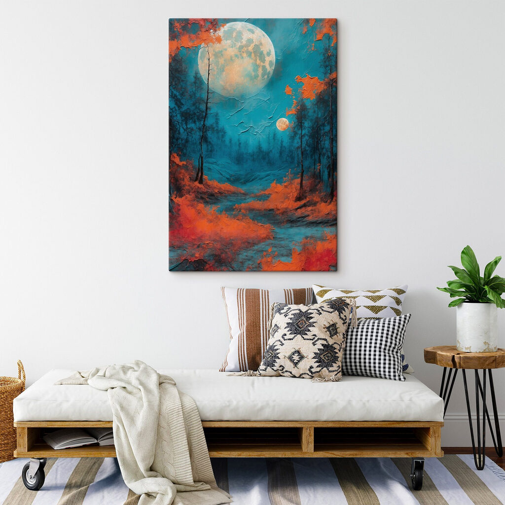 Painting of a forest with orange leaves and a full moon Painting of a forest with orange leaves and a full moon