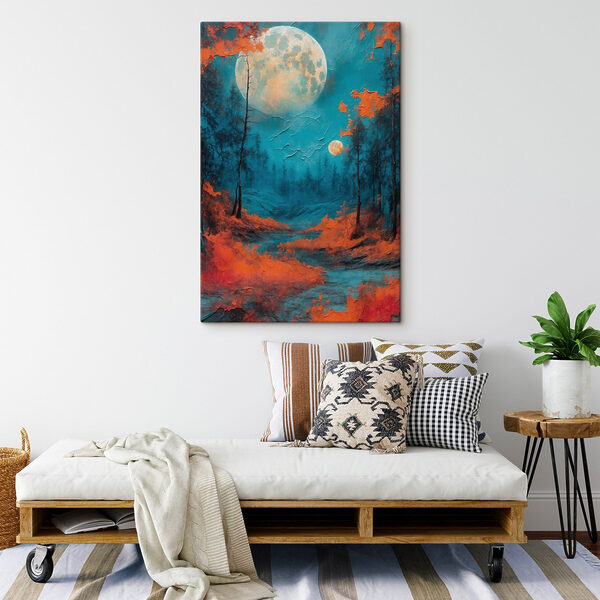 Painting of a forest with orange leaves and a full moon Painting of a forest with orange leaves and a full moon