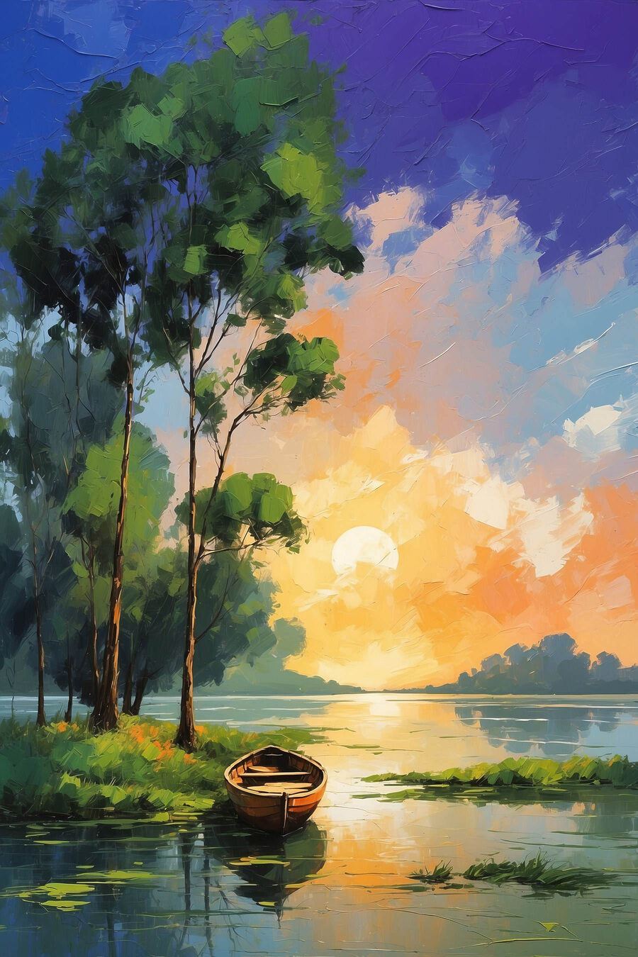 Painting of a boat on a lake Painting of a boat on a lake