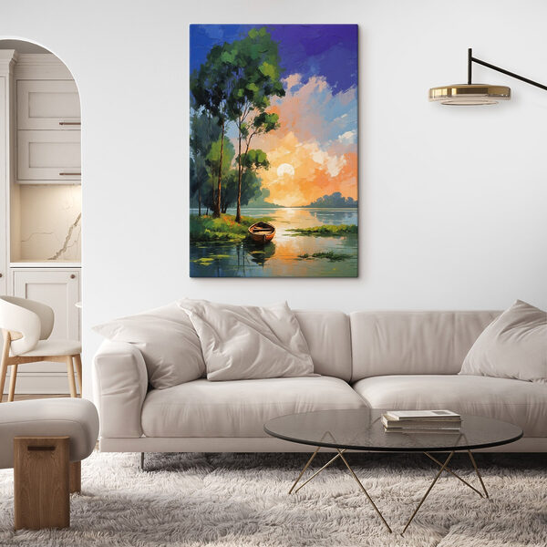 Painting of a boat on a lake Painting of a boat on a lake