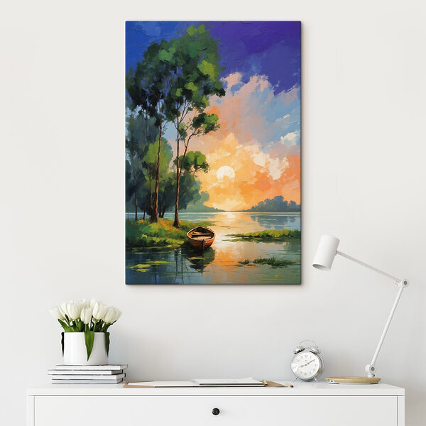 Painting of a boat on a lake Painting of a boat on a lake