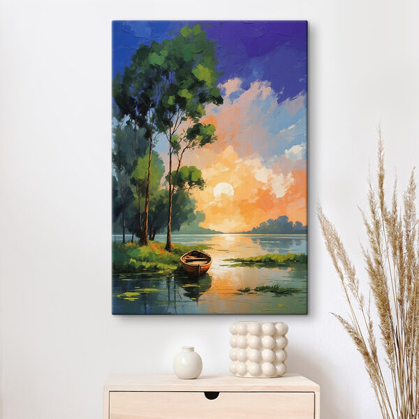 Painting of a boat on a lake Painting of a boat on a lake
