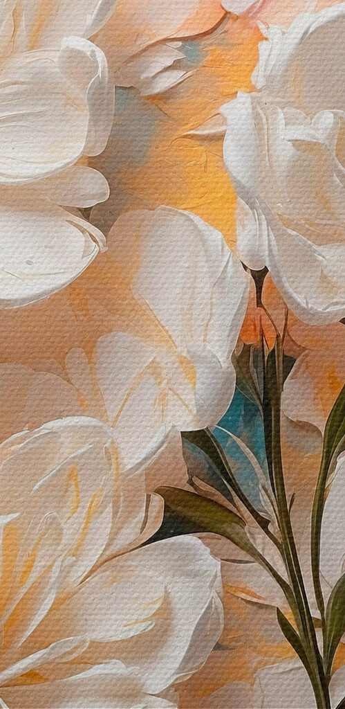 Painting of flowers on a blue and yellow background