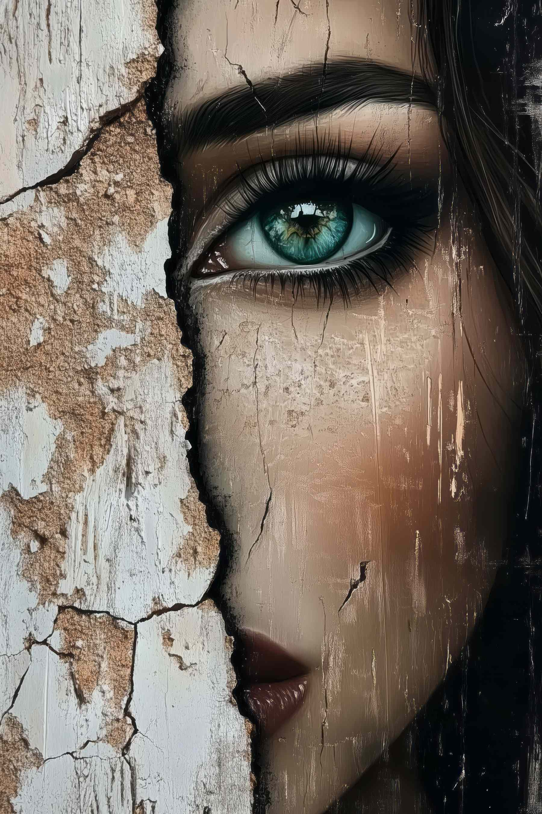 Woman's face with a cracked wall Woman's face with a cracked wall