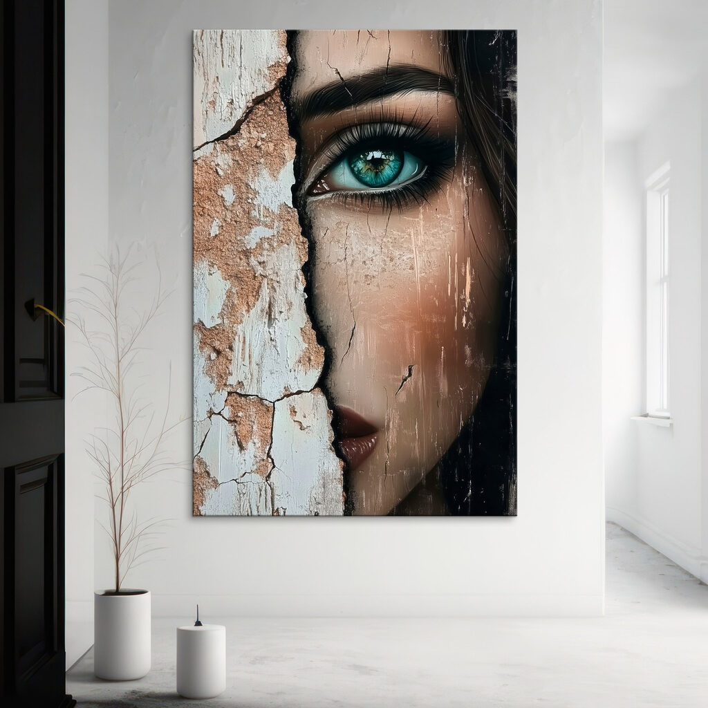 Woman's face with a cracked wall