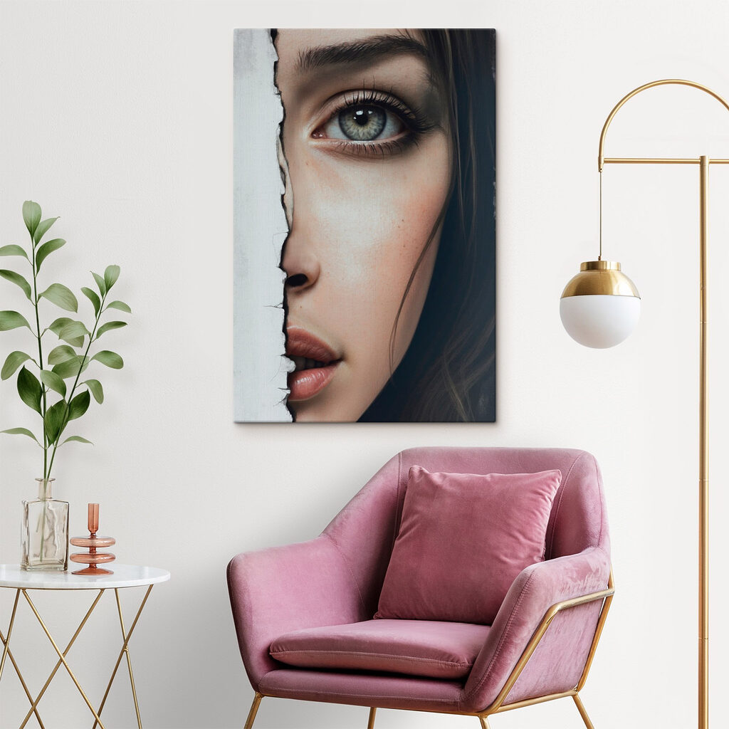 Woman's face with a torn paper