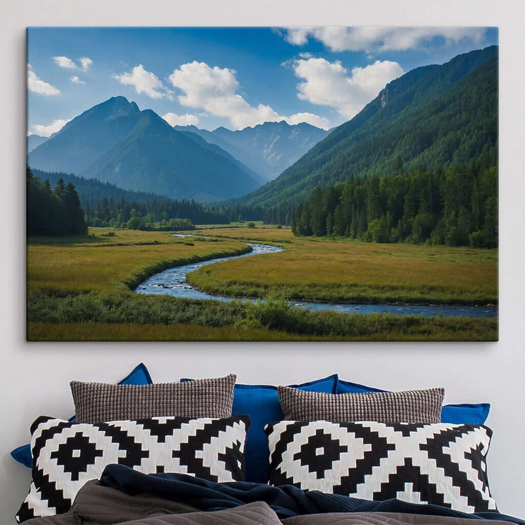 River running through a valley with mountains in the background River running through a valley with mountains in the background
