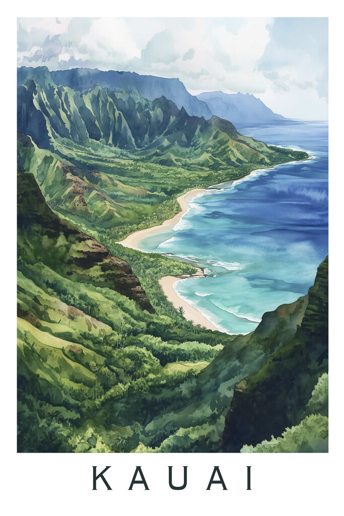 Watercolor painting of a beach and mountains Watercolor painting of a beach and mountains