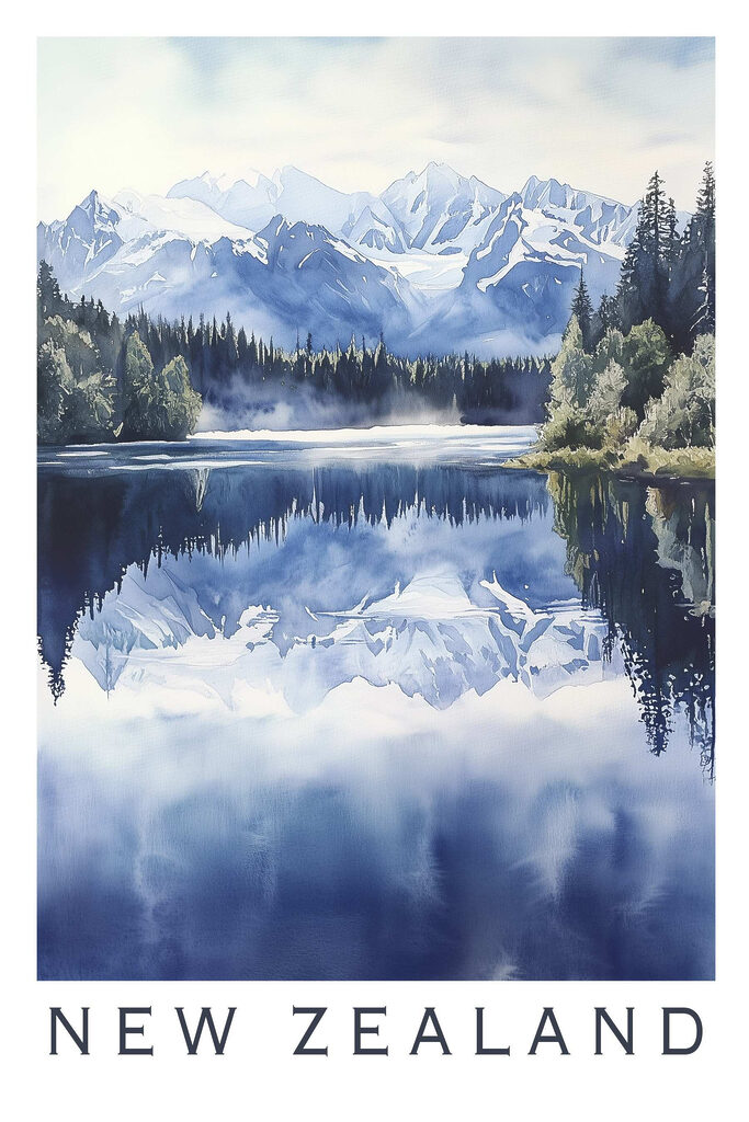 Watercolor of a lake with trees and mountains in the background Watercolor of a lake with trees and mountains in the background