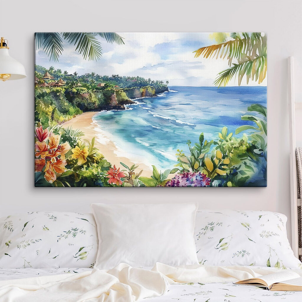 Watercolor painting of a beach and ocean