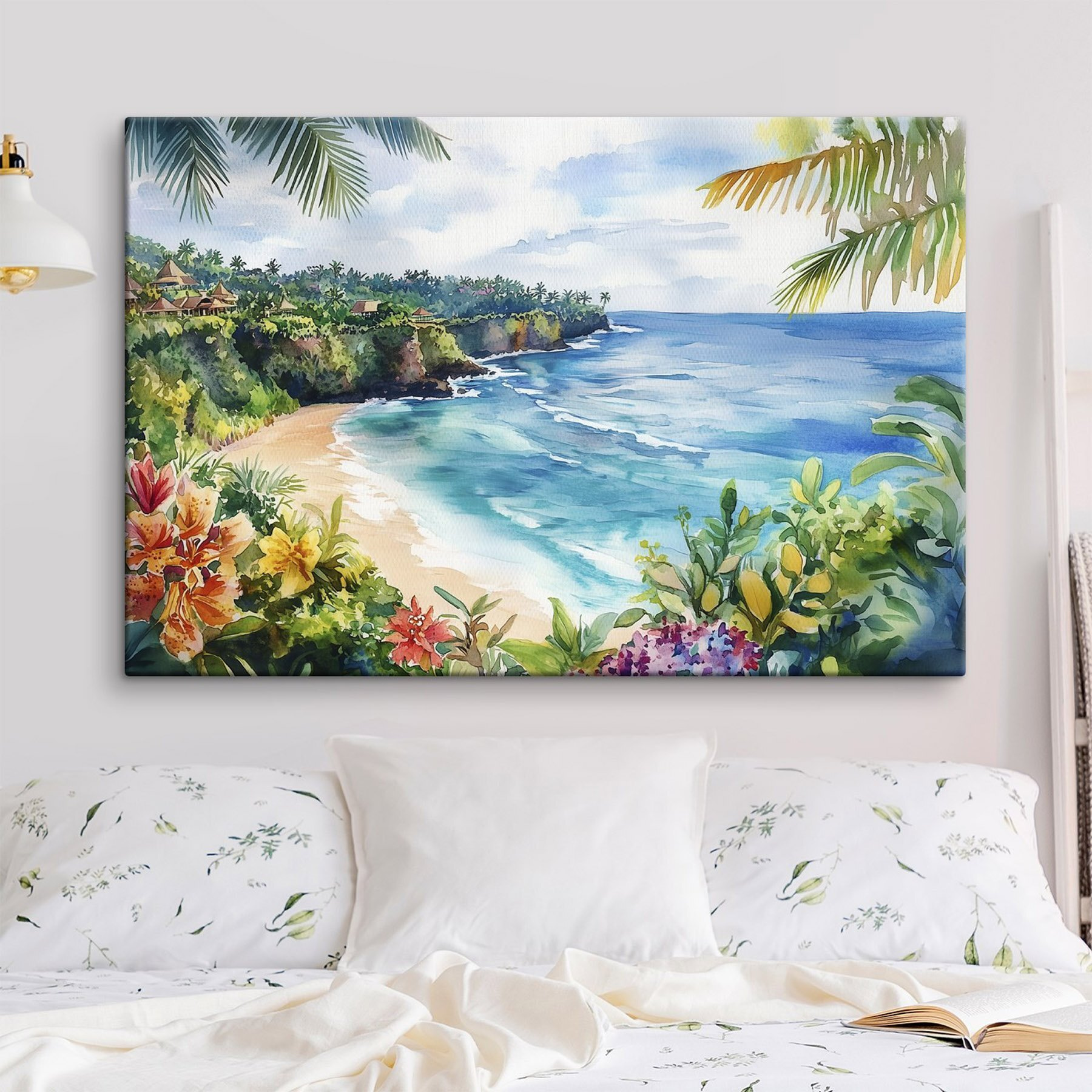 Watercolor painting of a beach and ocean