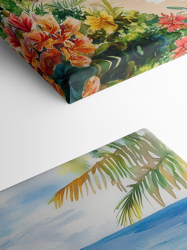 Watercolor painting of a beach and ocean