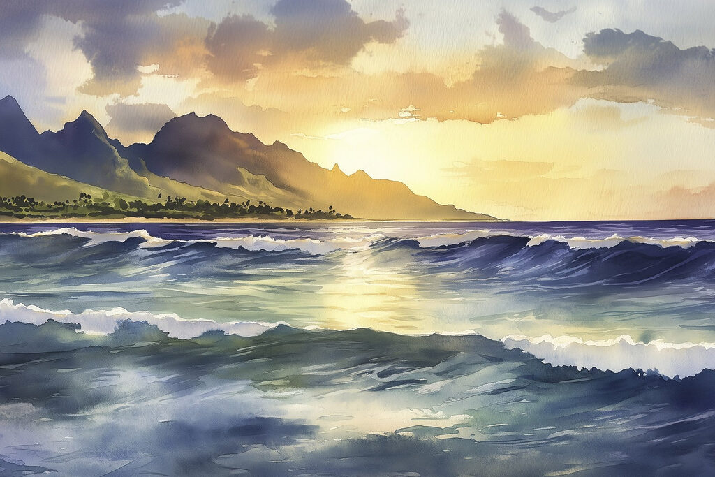 Watercolor of waves and mountains in the background Watercolor of waves and mountains in the background