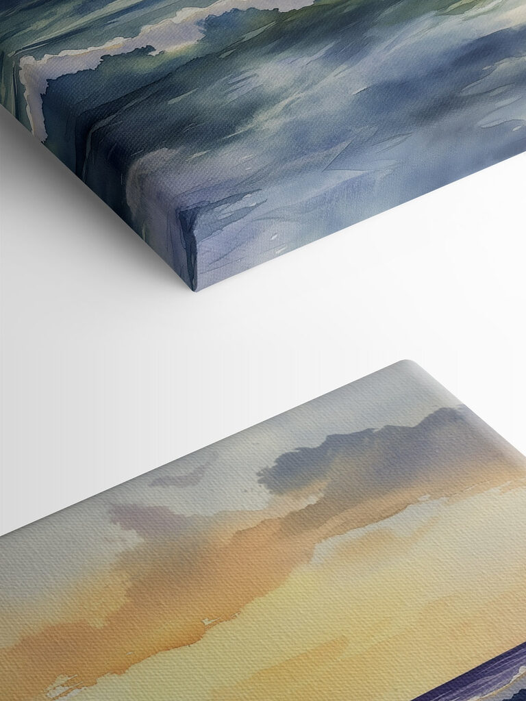 Watercolor of waves and mountains in the background Watercolor of waves and mountains in the background