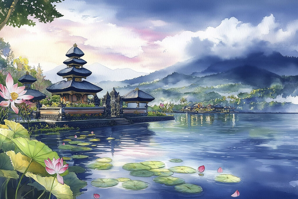 Watercolor painting of a lake with a pagoda and lily pads Watercolor painting of a lake with a pagoda and lily pads