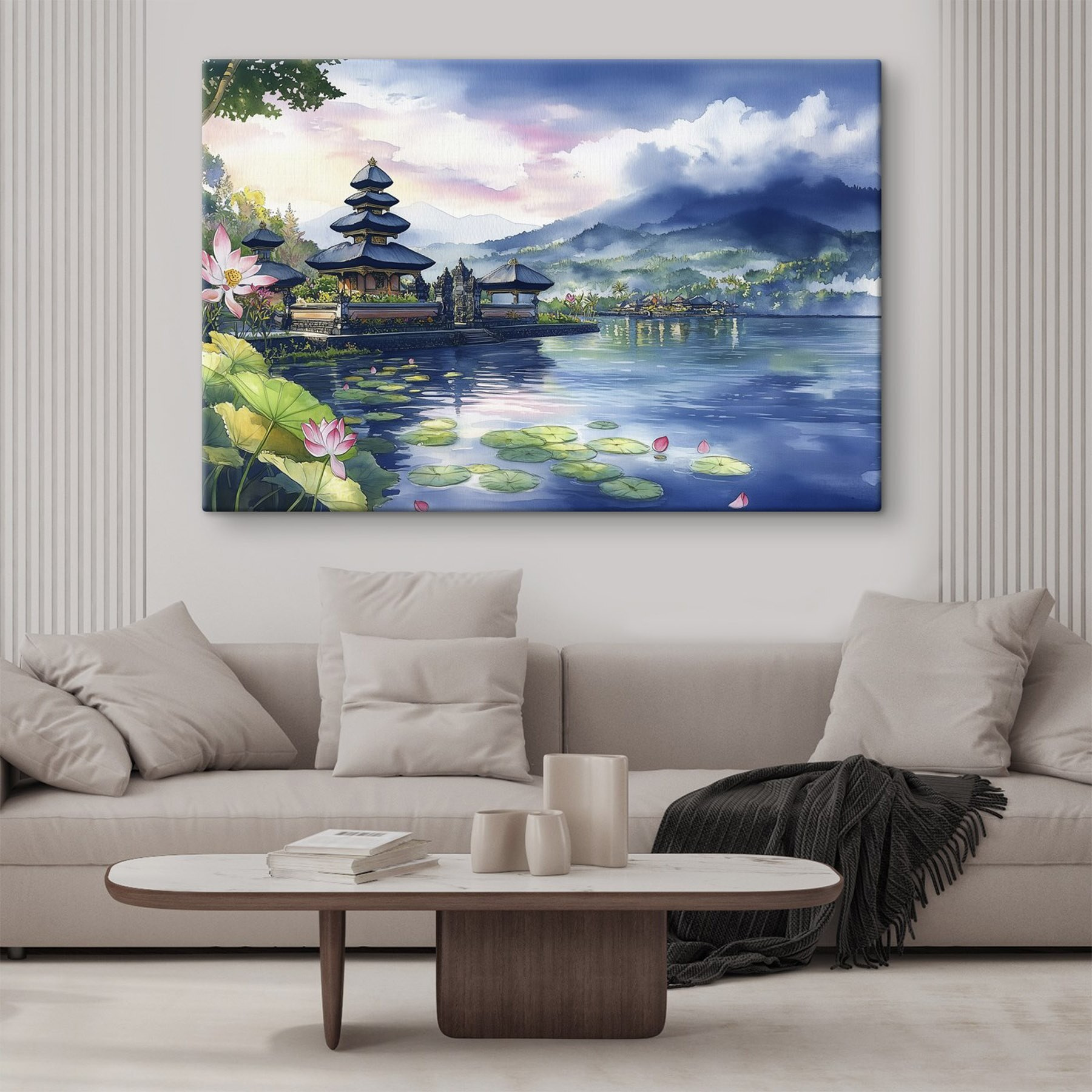 Watercolor painting of a lake with a pagoda and lily pads Watercolor painting of a lake with a pagoda and lily pads