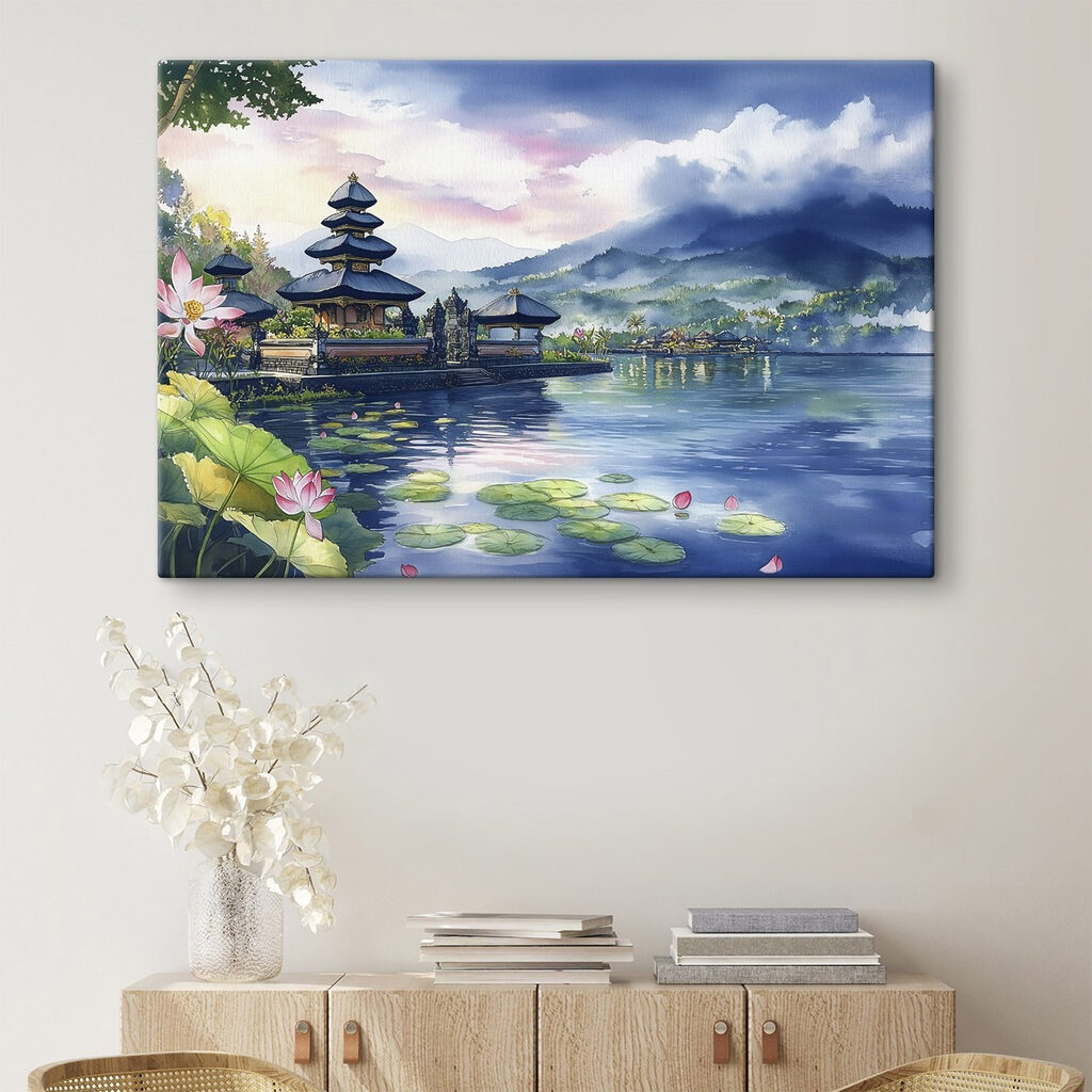 Watercolor painting of a lake with a pagoda and lily pads Watercolor painting of a lake with a pagoda and lily pads
