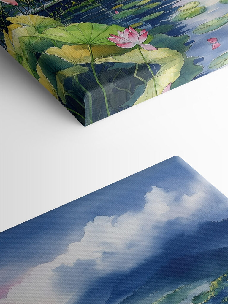 Watercolor painting of a lake with a pagoda and lily pads Watercolor painting of a lake with a pagoda and lily pads