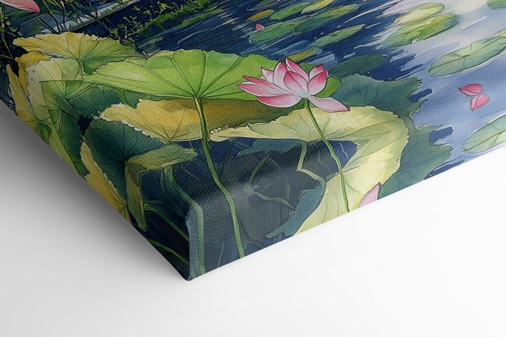 Watercolor painting of a lake with a pagoda and lily pads Watercolor painting of a lake with a pagoda and lily pads