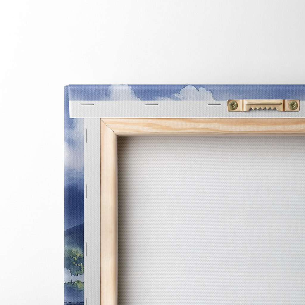 Watercolor painting of a lake with a pagoda and lily pads Watercolor painting of a lake with a pagoda and lily pads