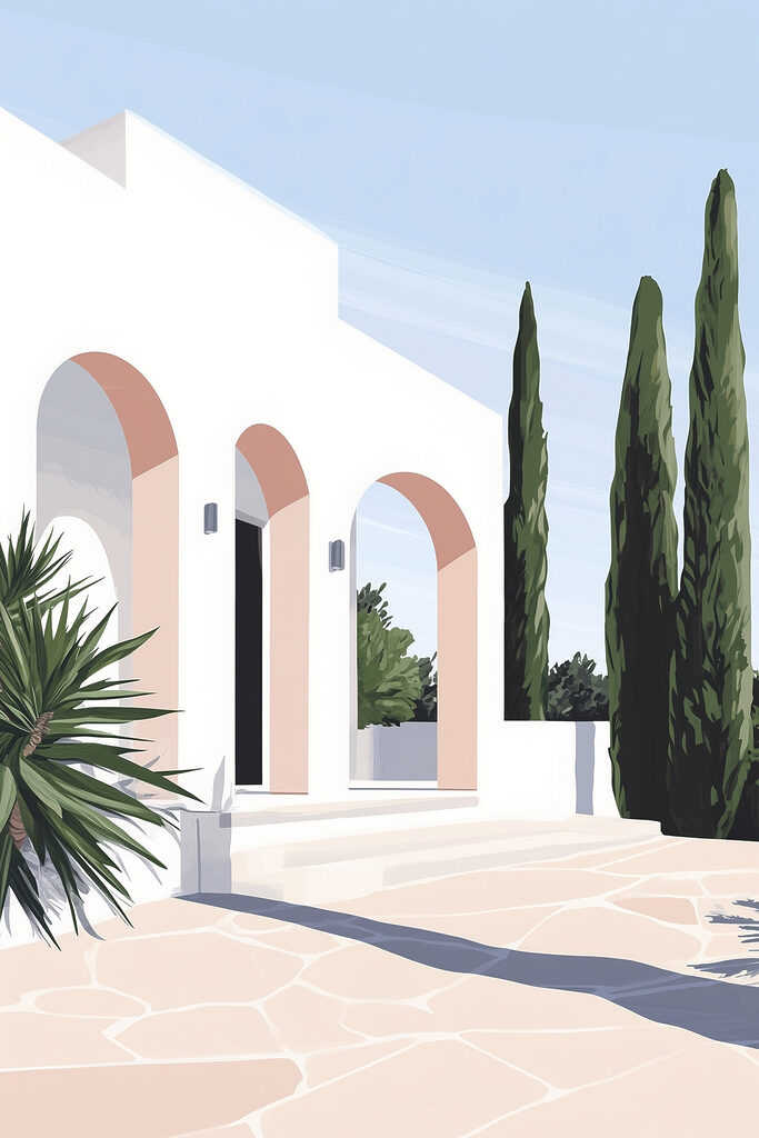 White building with pink arches and trees White building with pink arches and trees