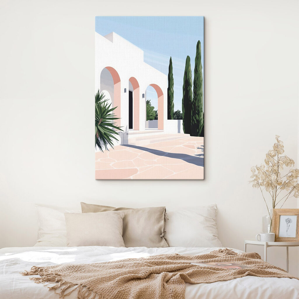 White building with pink arches and trees White building with pink arches and trees