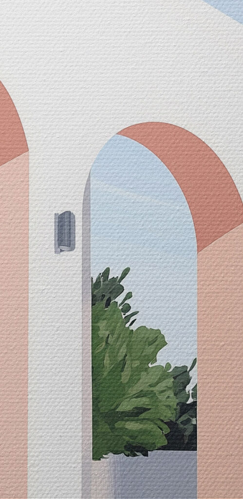 White building with pink arches and trees White building with pink arches and trees