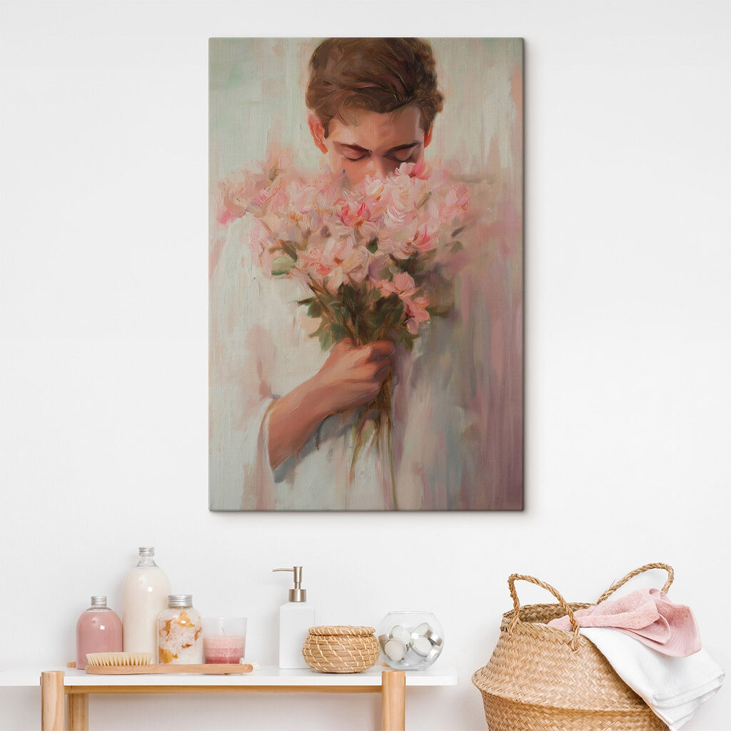 Painting of a man smelling flowers Painting of a man smelling flowers