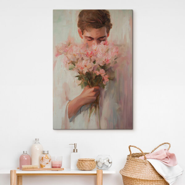 Painting of a man smelling flowers Painting of a man smelling flowers