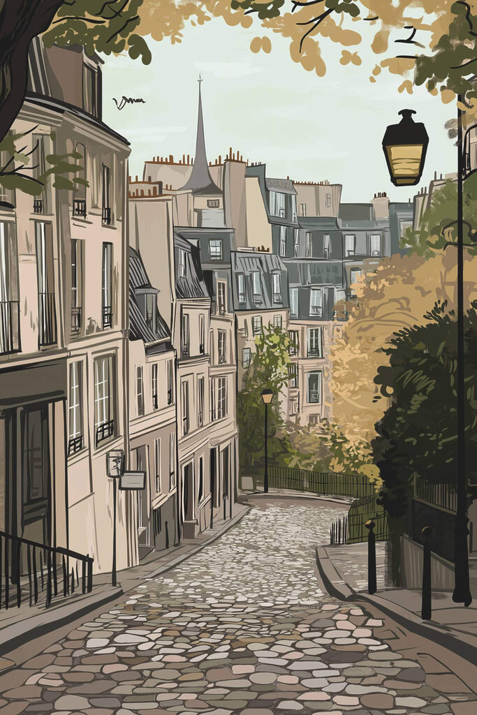 Street with buildings and a lamp post