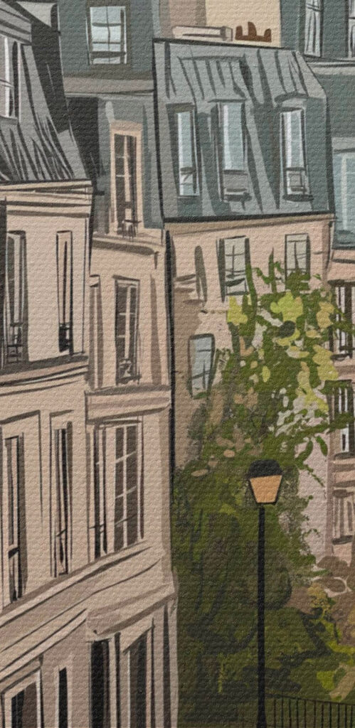 Street with buildings and a lamp post