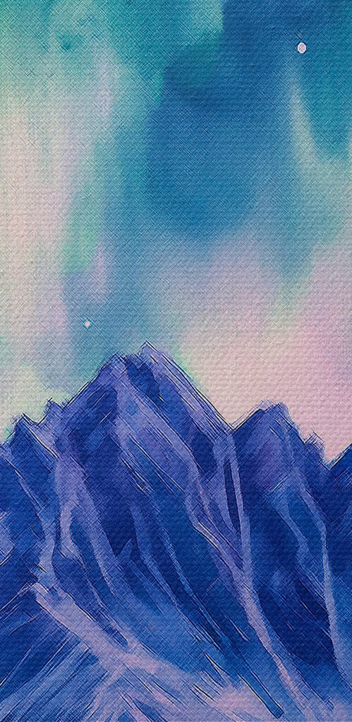 Painting of a mountain with trees and aurora borealis Painting of a mountain with trees and aurora borealis
