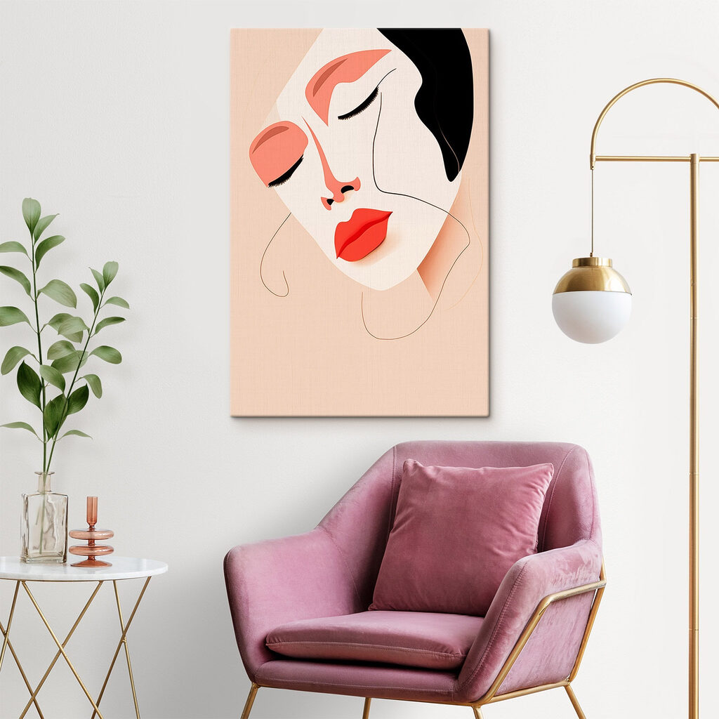 Woman with red lips and black spots on her face