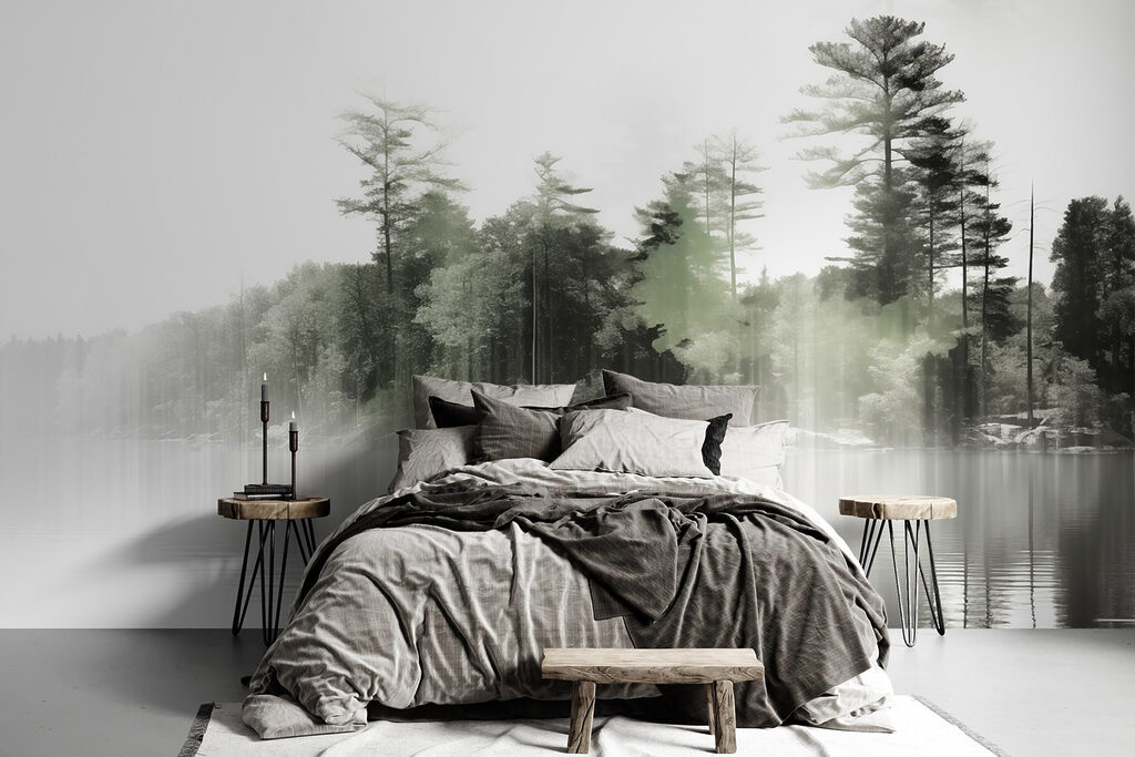 Body of water with trees and fog