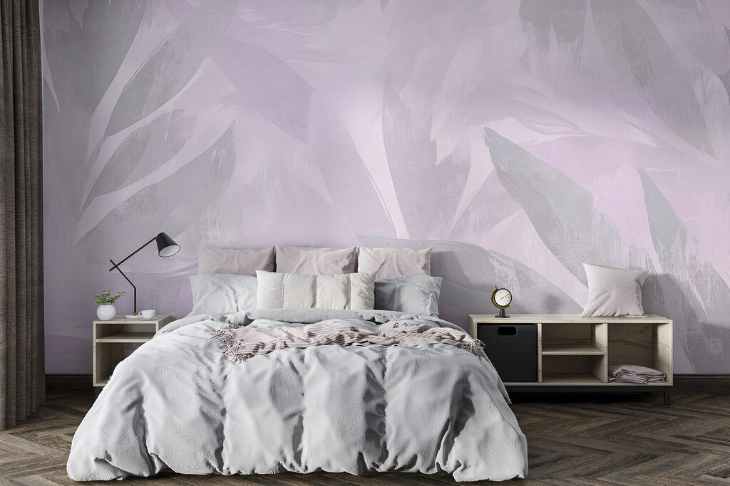 White and purple background with leaves