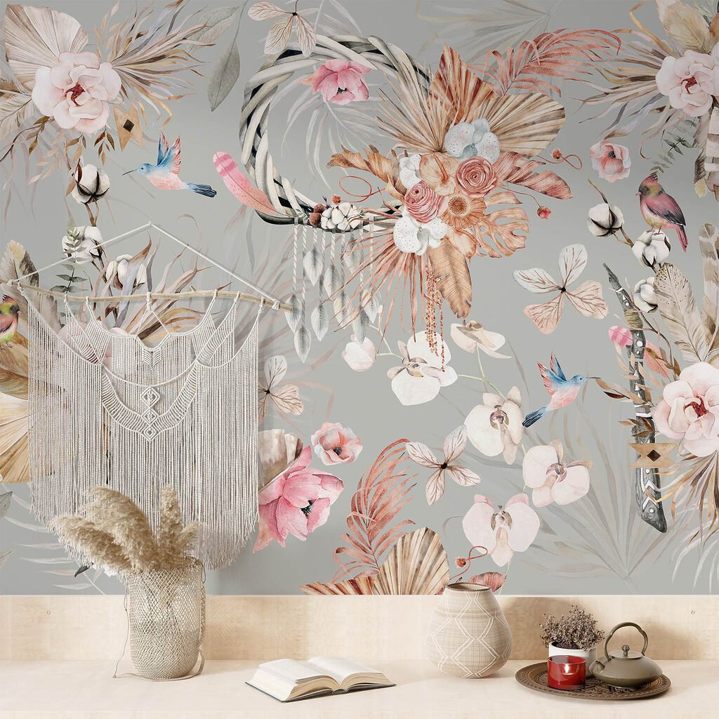 Wallpaper with flowers and feathers