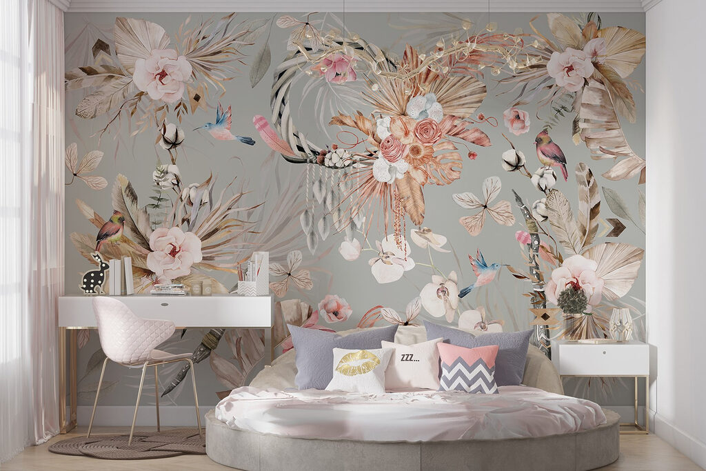 Wallpaper with flowers and feathers