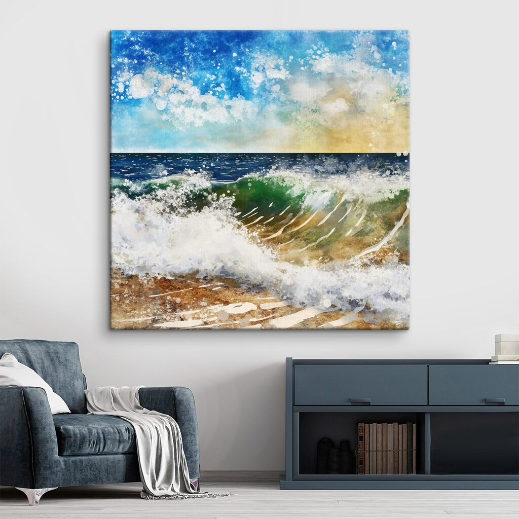 Watercolor of waves crashing on a beach
