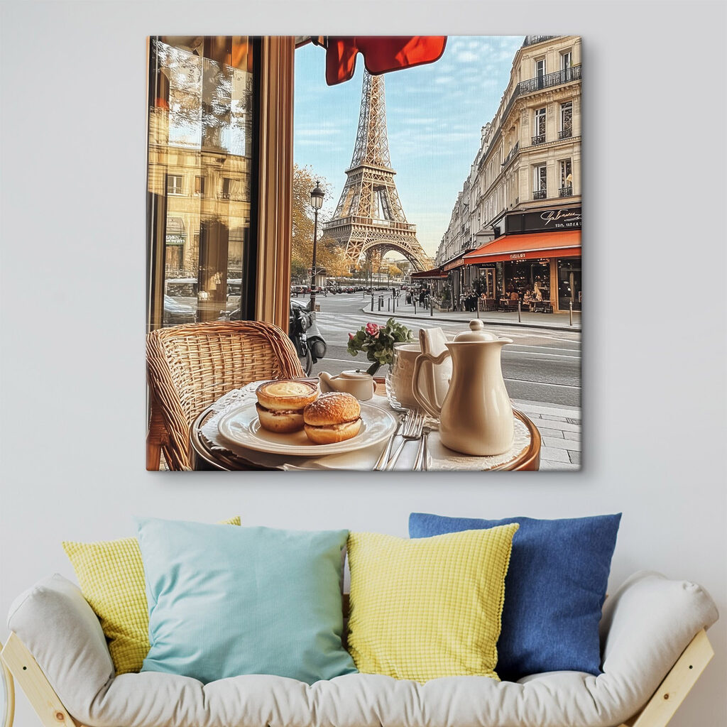 Table with food on it and a table with a tower in the background Table with food on it and a table with a tower in the background