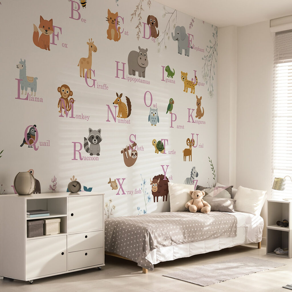 Wallpaper with animals and letters