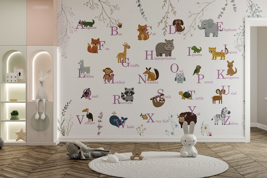 Wallpaper with animals and letters