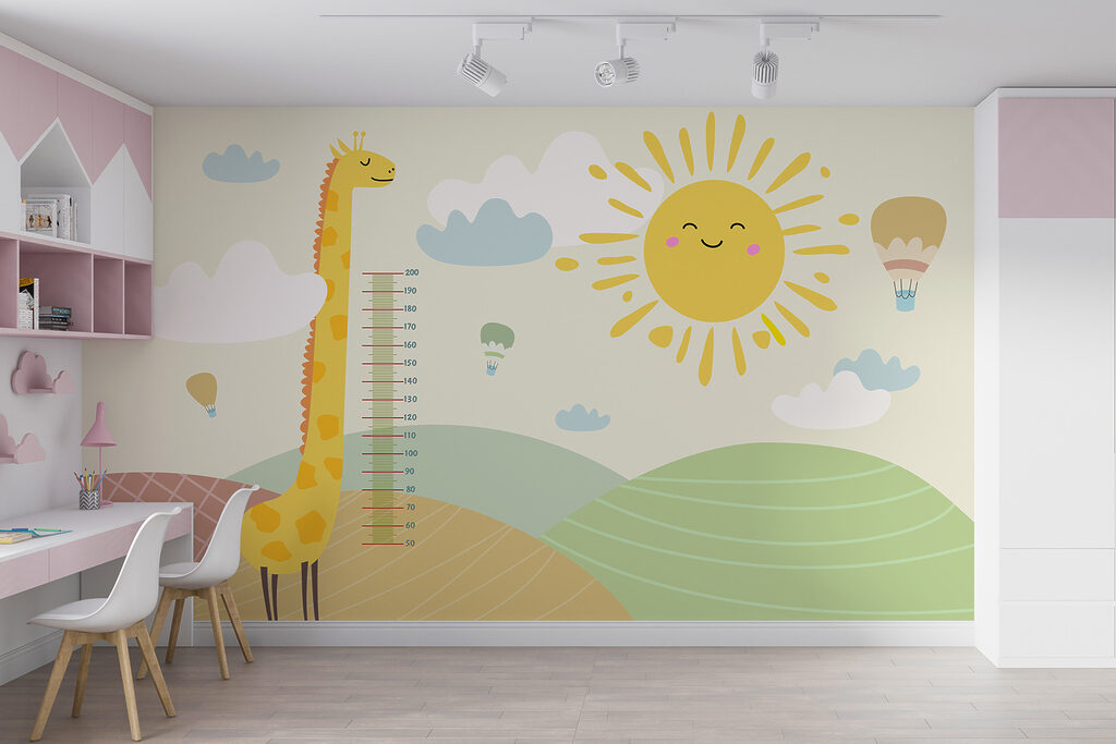 A giraffe standing in a field with a sun and clouds A giraffe standing in a field with a sun and clouds