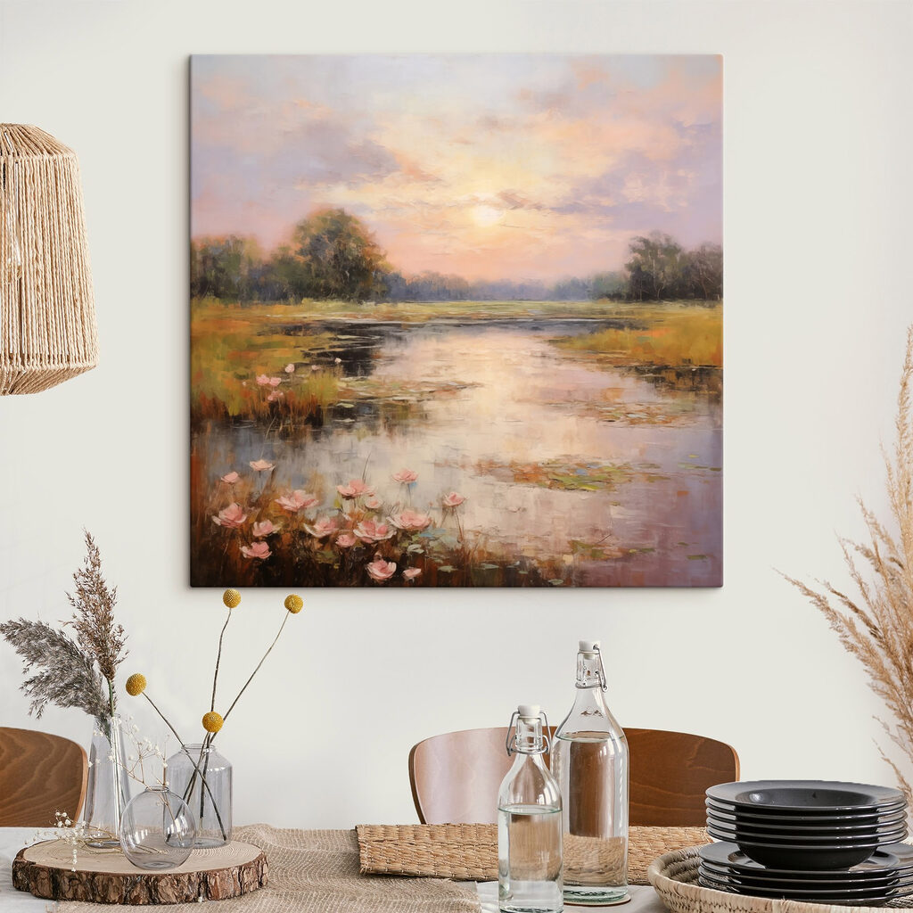 Painting of a lake with flowers Painting of a lake with flowers