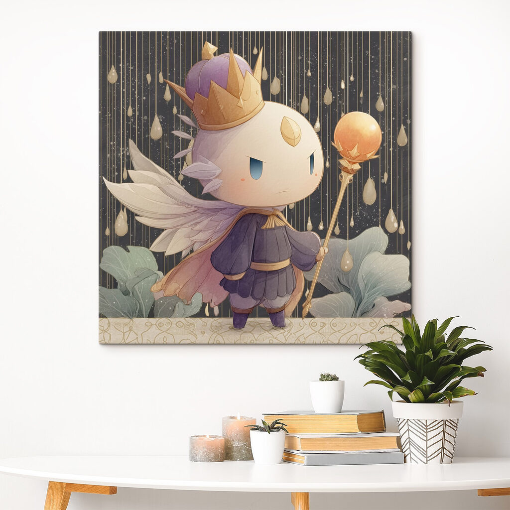 Cartoon of a little angel with wings and a crown holding a staff