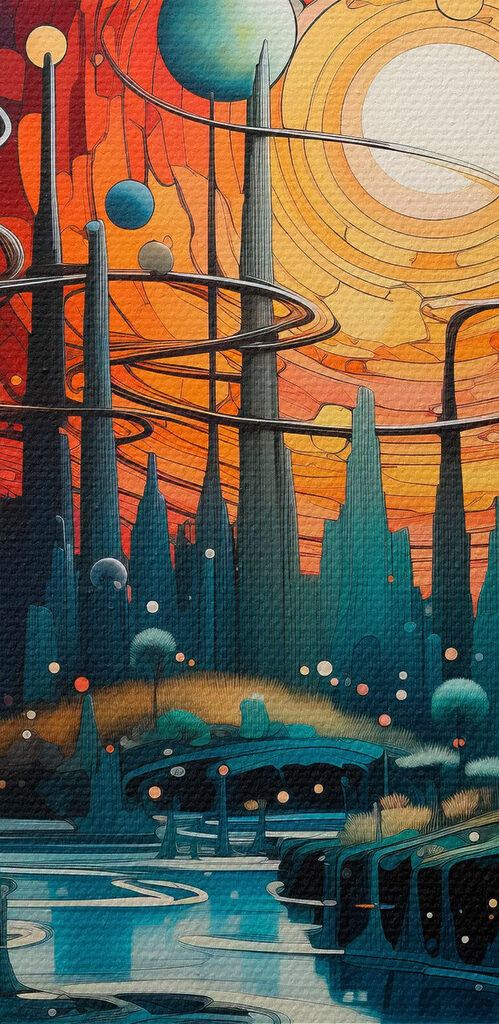 Landscape with trees and planets