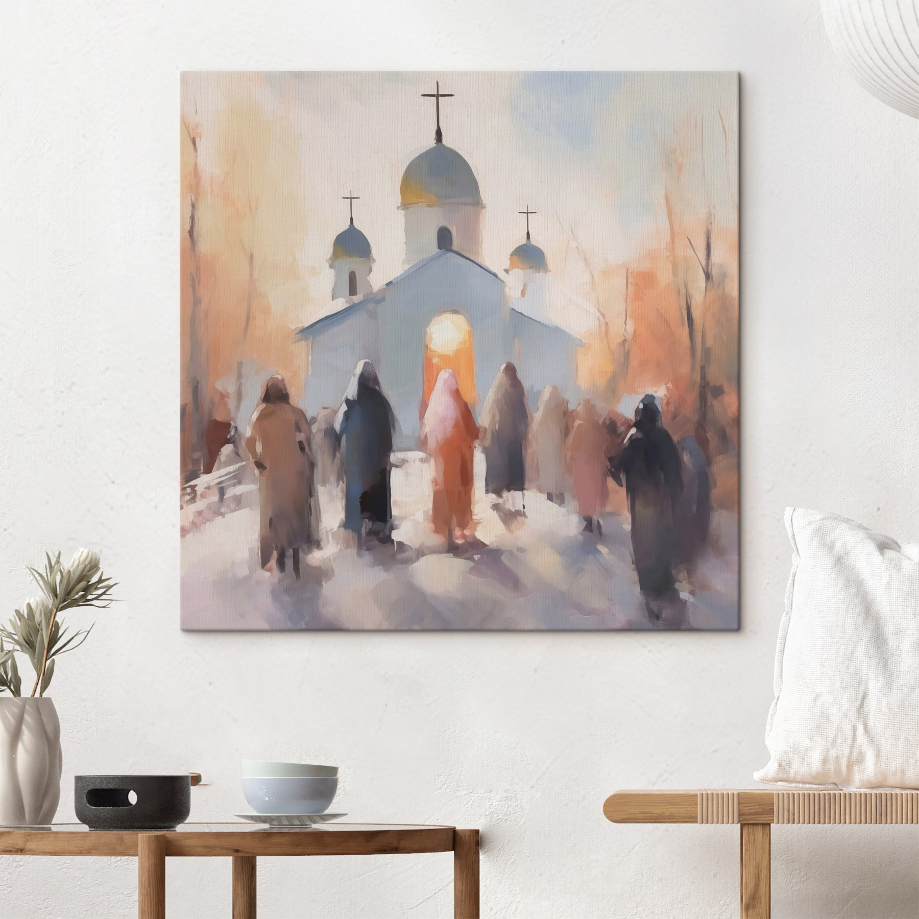 Group of people walking in front of a church