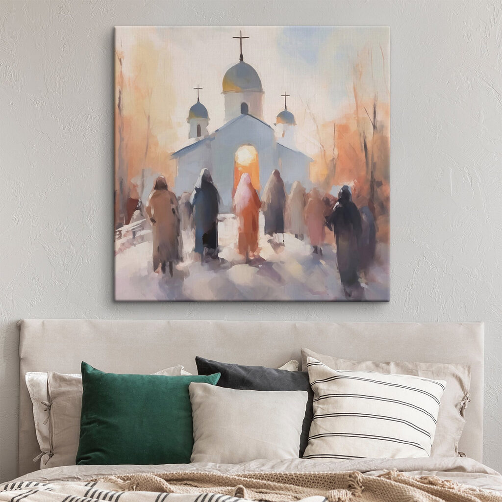 Group of people walking in front of a church